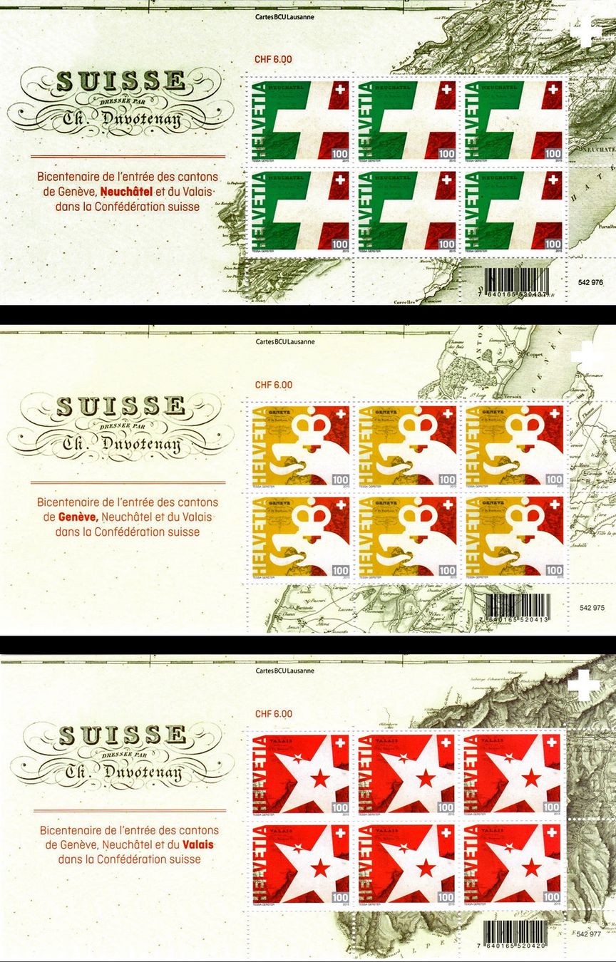 Tutti i francobolli: 3 Bogen Bicentenaire - Genève, Neuchâtel, Valais** – Nuovo (secondo la descrizione) da Dottikon venduto da haeusibuh5