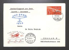1946 Flugpost F41 PRO AERO illustriert LUZERN-LAUSANNE
