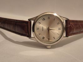 Vintage Armbanduhr: Echtleder Armband Uhr Quarz, versilbert⌚
