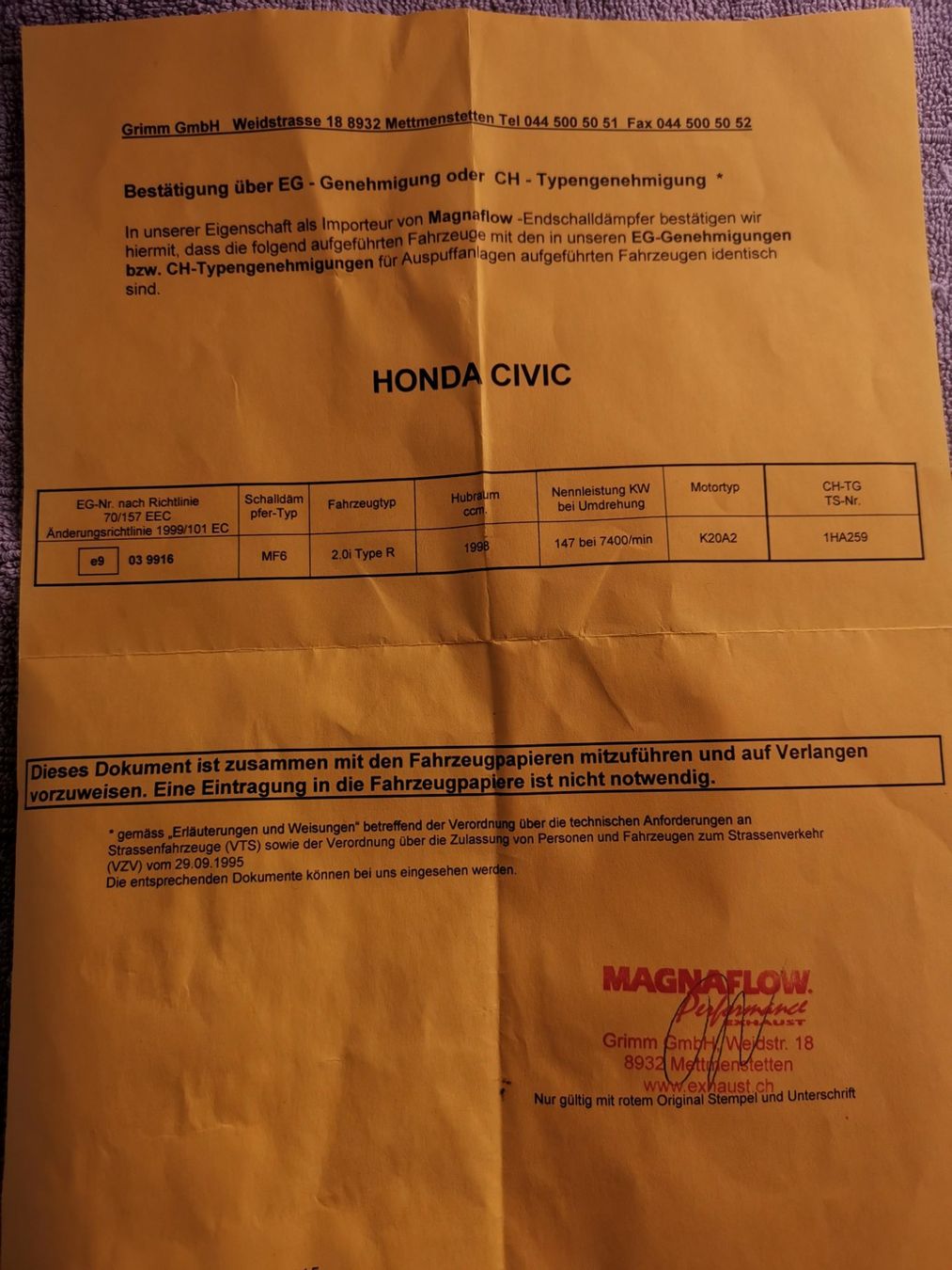Honda Sistemi di scarico: Magnaflow Genehmigung – Usato da Goldach venduto da Top-Shops