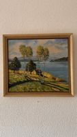 Peinture lac et bouleaux encadrée, ambiance automnale