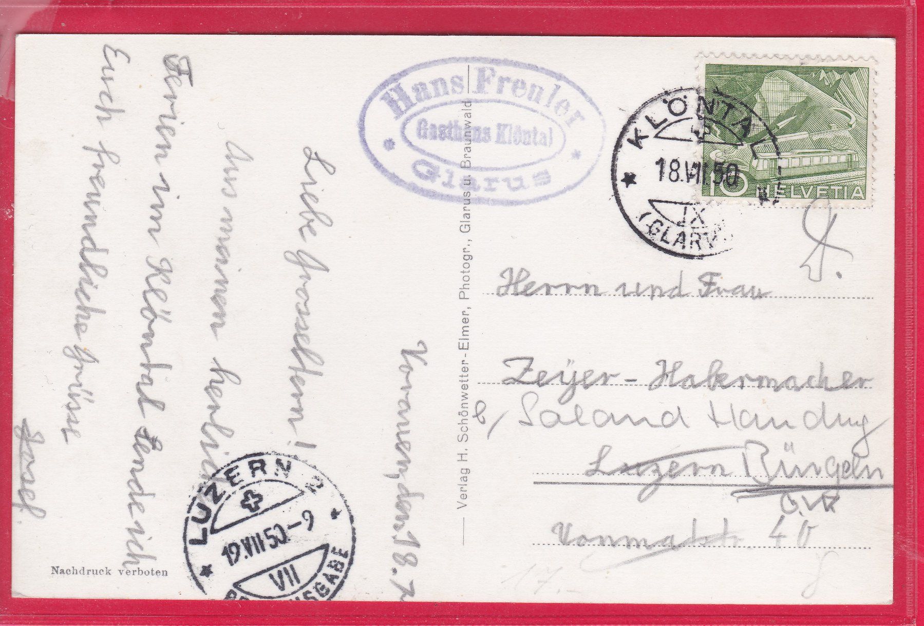 Cartoline postali: KLÖNTALERSEE, 18.7.1950 – Usato da Oberrieden venduto da Gebirgsstelze 1