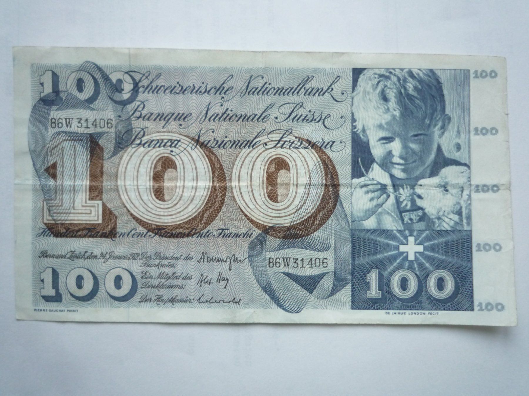 Banknoten: 100 Franken Note, 24. Januar 1972 – Gebraucht aus Rafz von Sonnenblume305