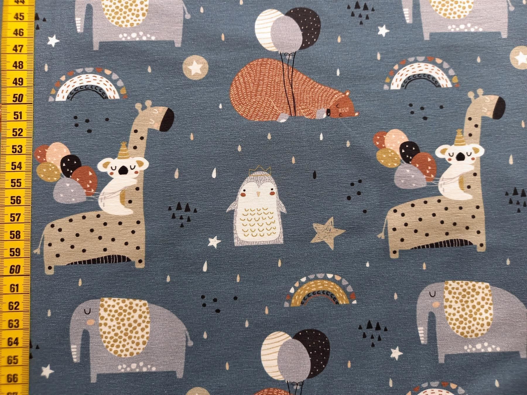 Stoffe: Jersey Partytiere rauchblau – Neu und originalverpackt aus Winterthur von Kimbana