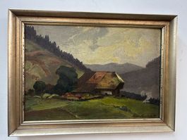 Ölbild auf Holz Bauernhof von Seppl Huschle 38