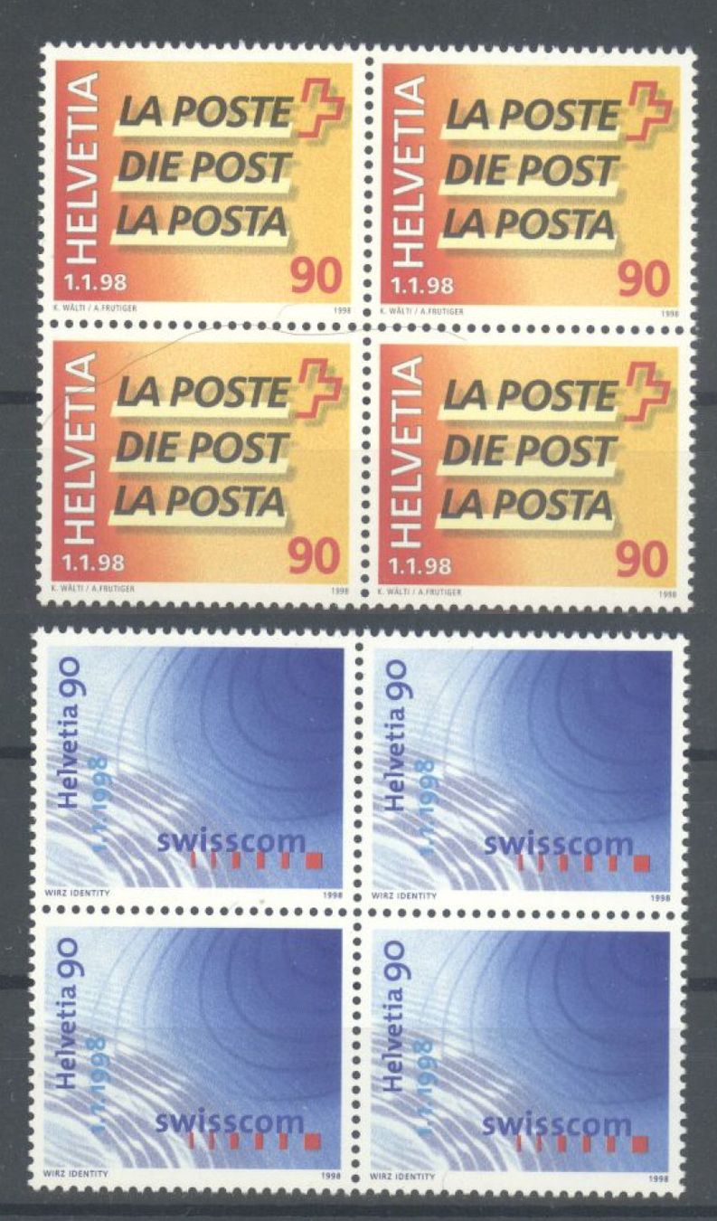 Tutti i francobolli: 1998, Teilung der Schweizerischen Post, Viererblöcke ** – Usato da Willisau venduto da Vollstempel