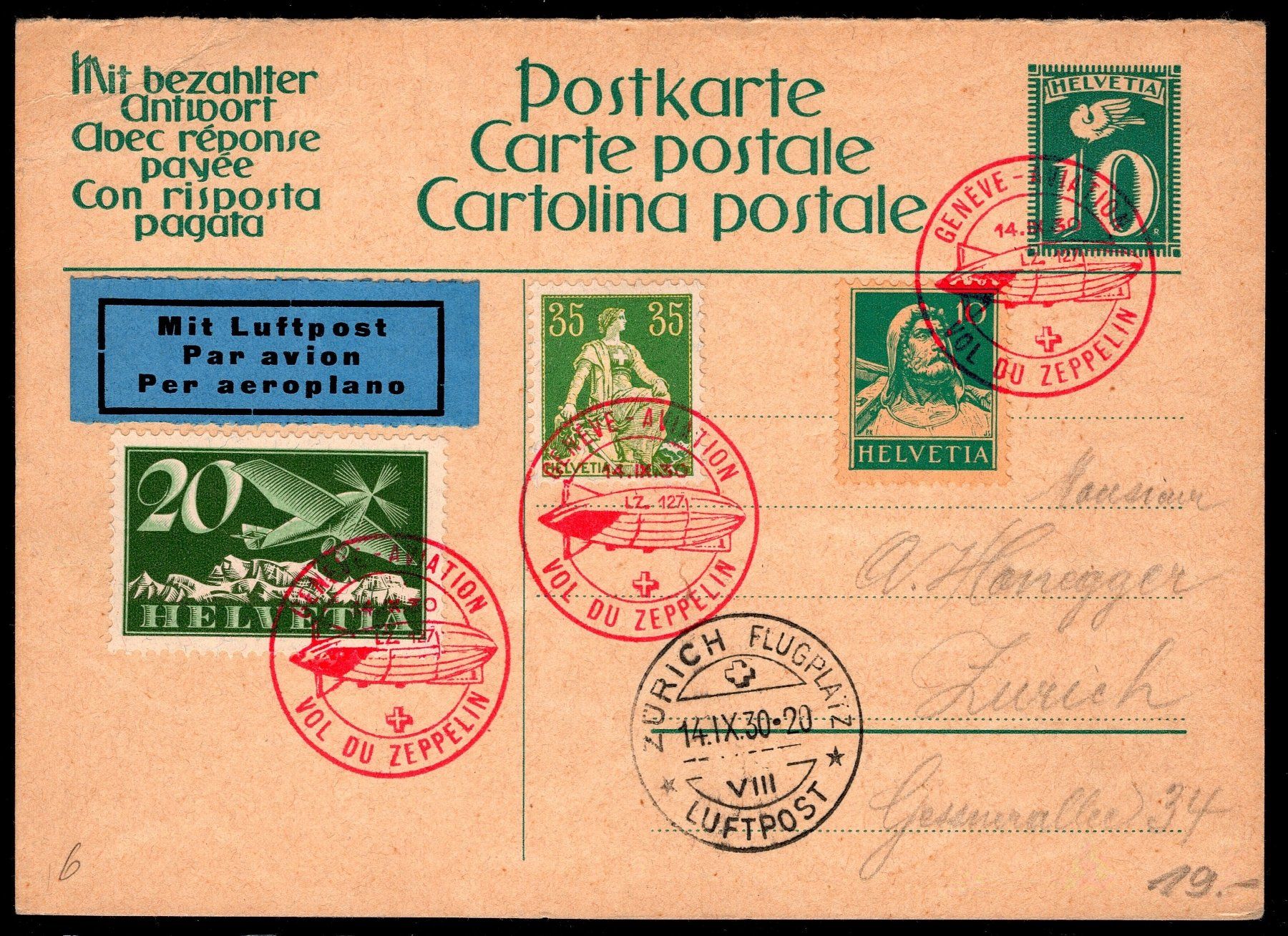 Tutti i francobolli: CH - Flugpost - Sonderflug - SF 30.8a - Postkarte – Usato da Rombach venduto da VENTIS-Auktionen 1