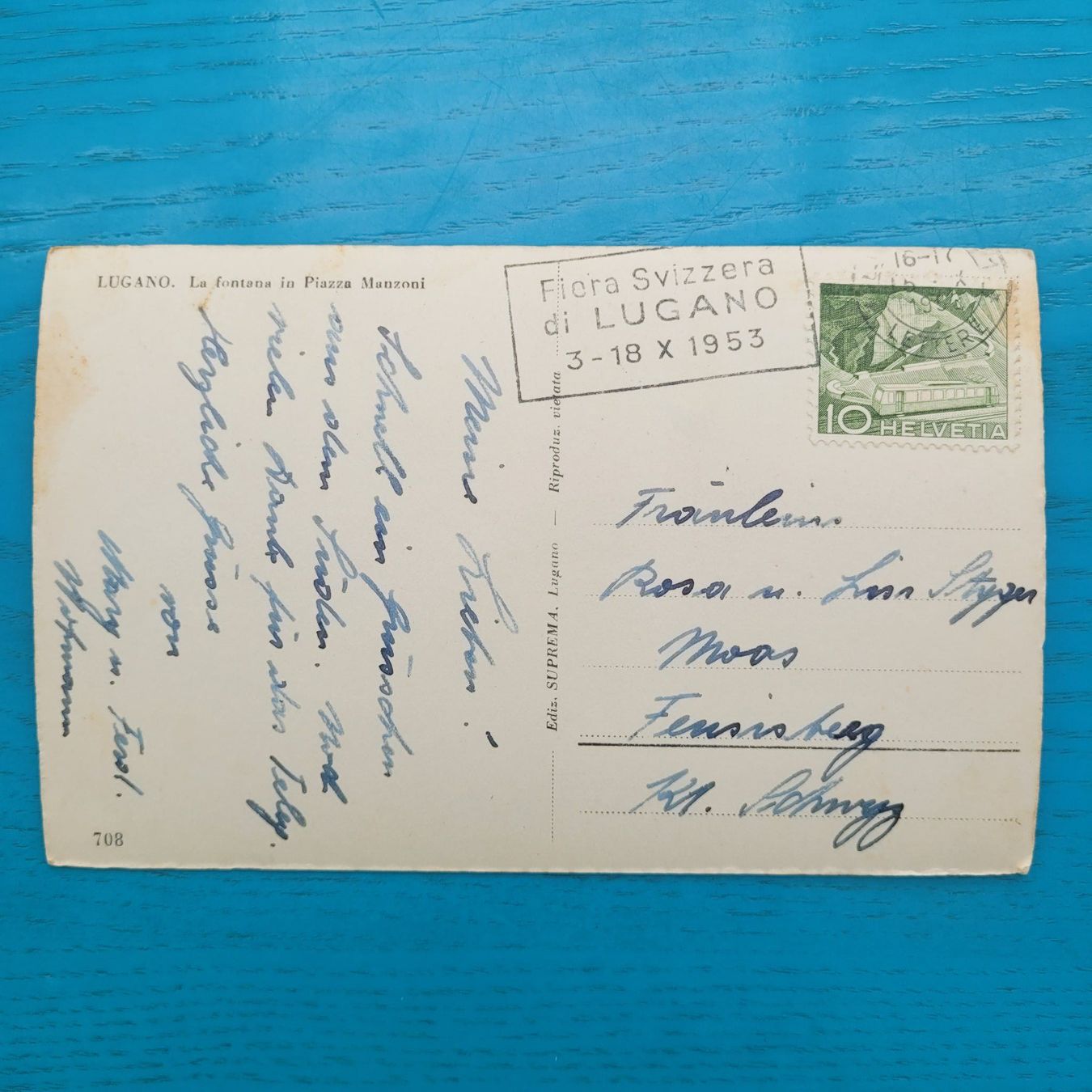 Cartoline postali: Lugano / Piazza Manzoni 1953 – Usato da SCHÜBELBACH venduto da CoKaHa 1