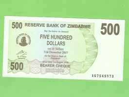 Zimbabwe 500 Dollar Note, Seltenes Sammlerstueck, Top!