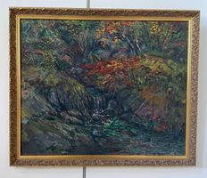 Gemälde Bachlauf im Herbst mit Rahmen, signiert Tomas Holst