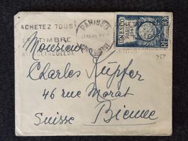 Enveloppe UNESCO Paris 1946 affranchie 10F