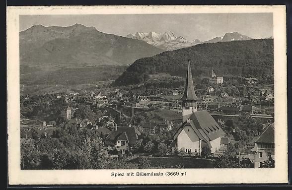 Cartoline postali: Spiez, Ortsansicht mit Blüemlisalp und  – Usato da Berlin venduto da bartko-reher