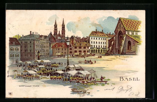 Cartes postales: Litho Basel, Barfüsser-Platz mit Markt – D'occasion à Berlin par bartko-reher
