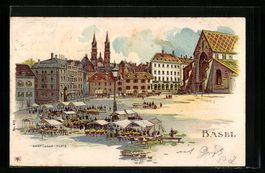 Litho Basel, Barfüsser-Platz mit Markt