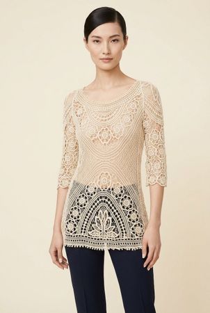 Vintage Tunique Crochet Beige Manches 3/4 T. M