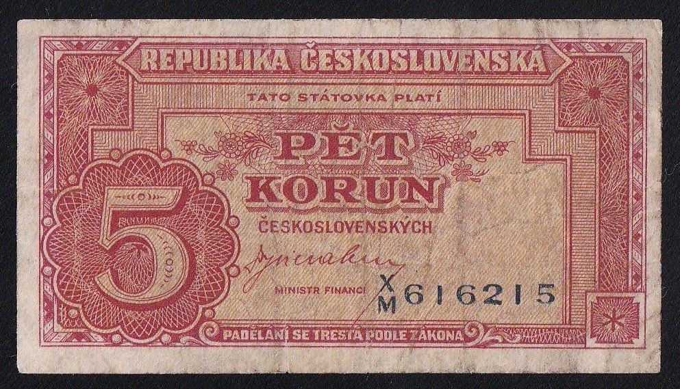 Banknoten: Tschechoslowakei 5 Korun 1945 – Gebraucht aus Brugg AG von banknoten_muesli