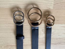 3 Damen-Gürtel, gold- + silber-farbige Schnallen, div.Längen