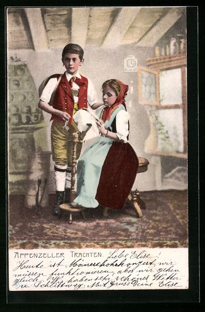 Cartoline postali: Mädchen in Tracht beim Sticken, Knabe m – Usato da Berlin venduto da bartko-reher