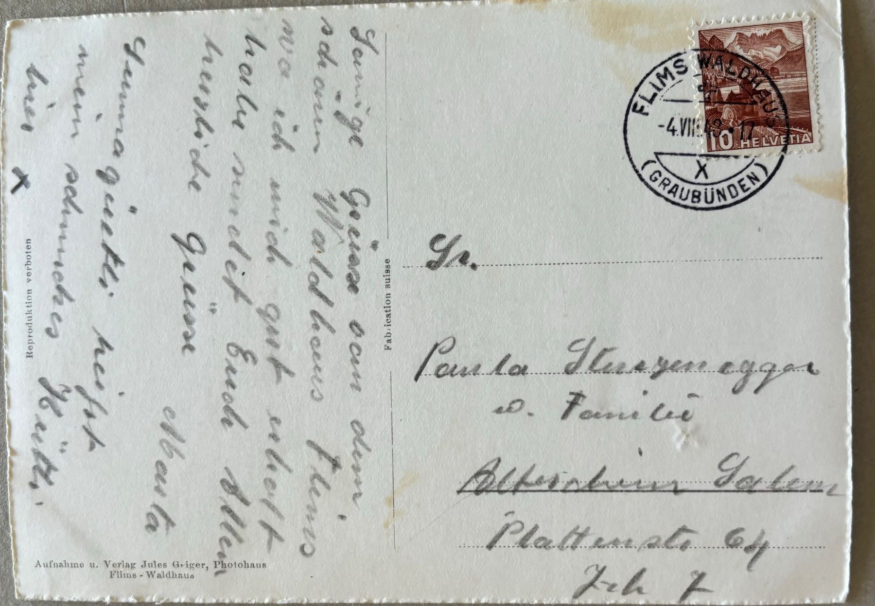 Cartoline postali: Flims, 1943 – Usato da Frauenfeld venduto da Merk52 1