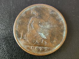 One 1 Penny 1877 England Great Britain Regina Victoria