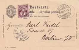 GS Postkarte mit 5Rp.Lila Nr.61B von Zürich 13 nach BERLIN
