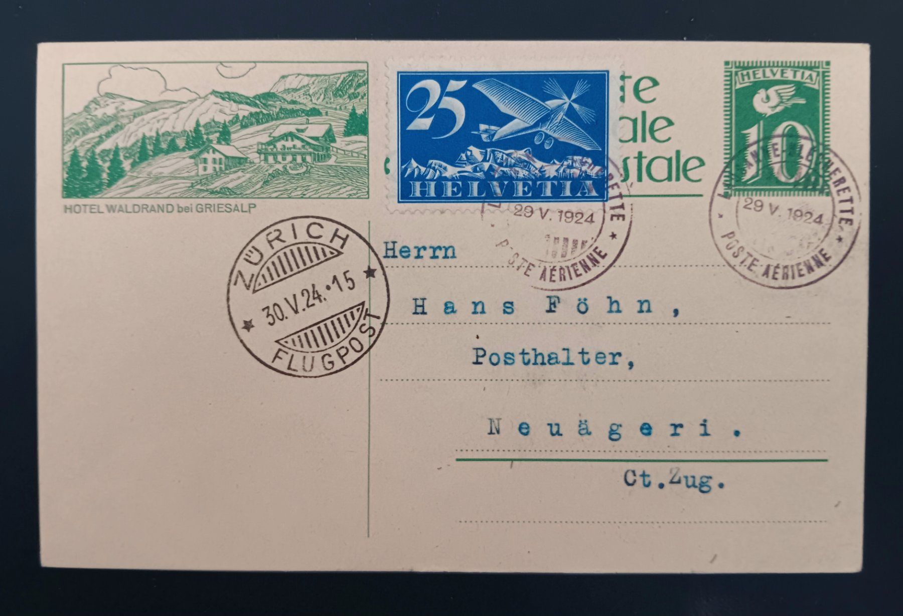 Tutti i francobolli: Bild - Postkarte mit Flugpost nach Neuägeri 1924 – Usato da Holderbank AG venduto da DINOS-PHILA