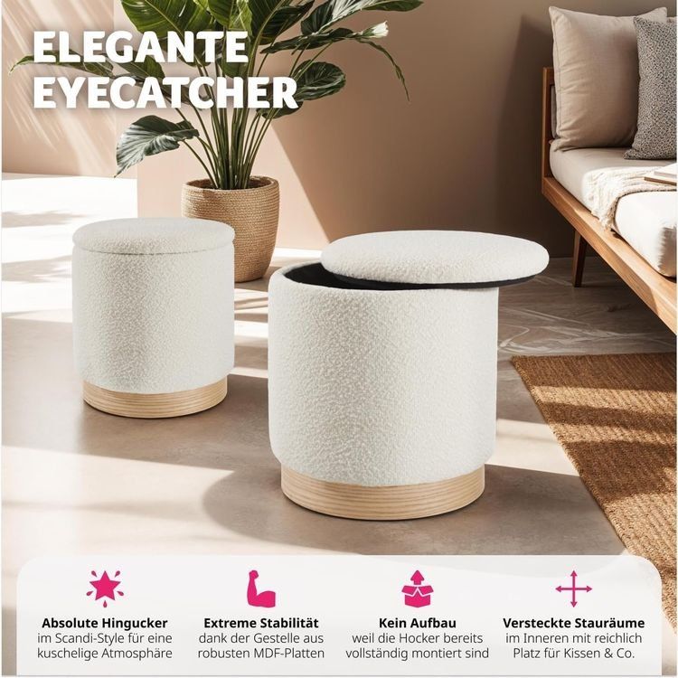 Sgabelli: 2er Set Hocker mit Stauraum Bouclé Sitzhocker AMELIE – Nuovo e nell'imballaggio originale da Lachen SZ venduto da sw3zzy 3