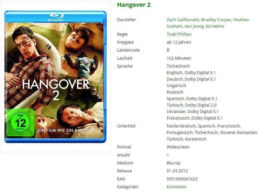 Alle DVDs: Hangover 2 (Bluray) – Gebraucht aus Buchrain von Sssschaller