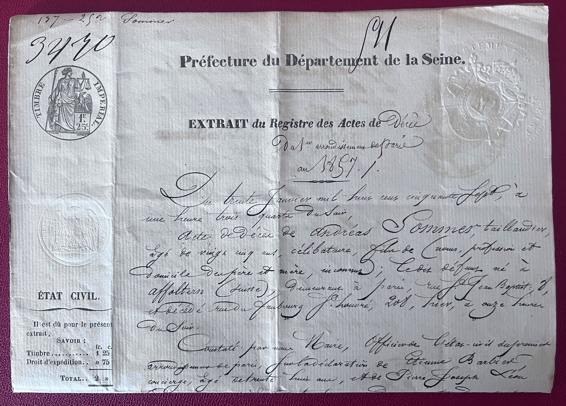 Dokumente: Dokument der Préfectur du Département de la Seine 1857 – Gebraucht aus Biberist von Edelfloh 3