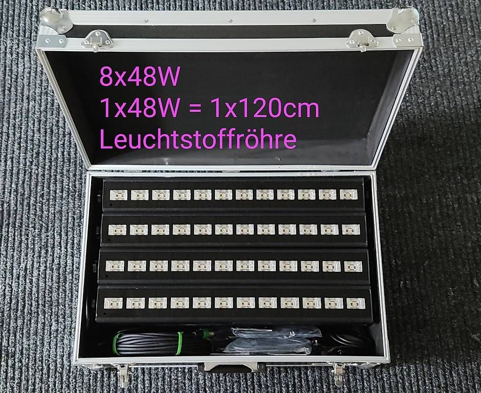 Lampen: UV LED-Bar 8 Stk. Mit Flightcase und DMX Kabel. – Neu und originalverpackt aus BASEL von E-Bro.Electro