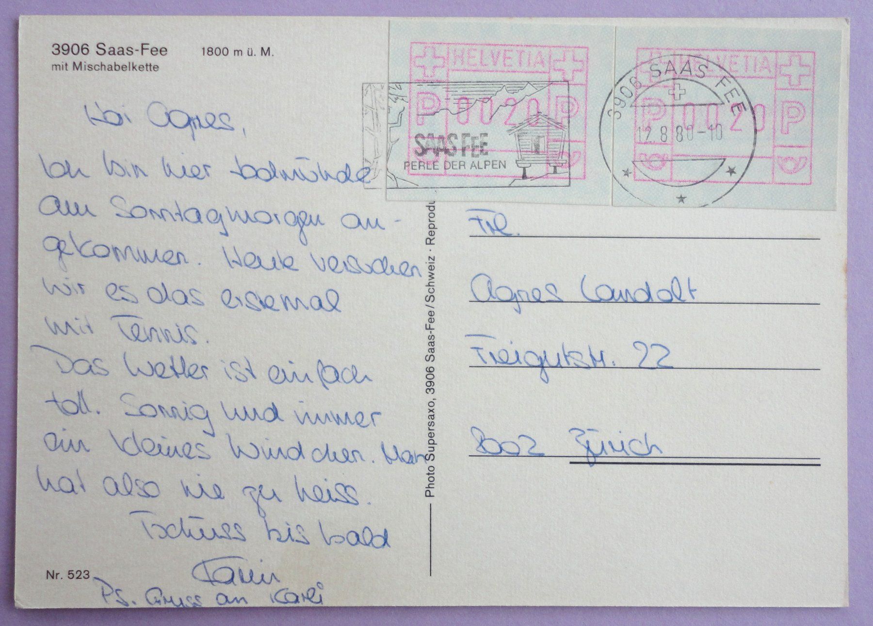 Cartoline postali: Saas-Fee 1800 m ü.M. – Usato da Fétigny venduto da Billy2miny 1