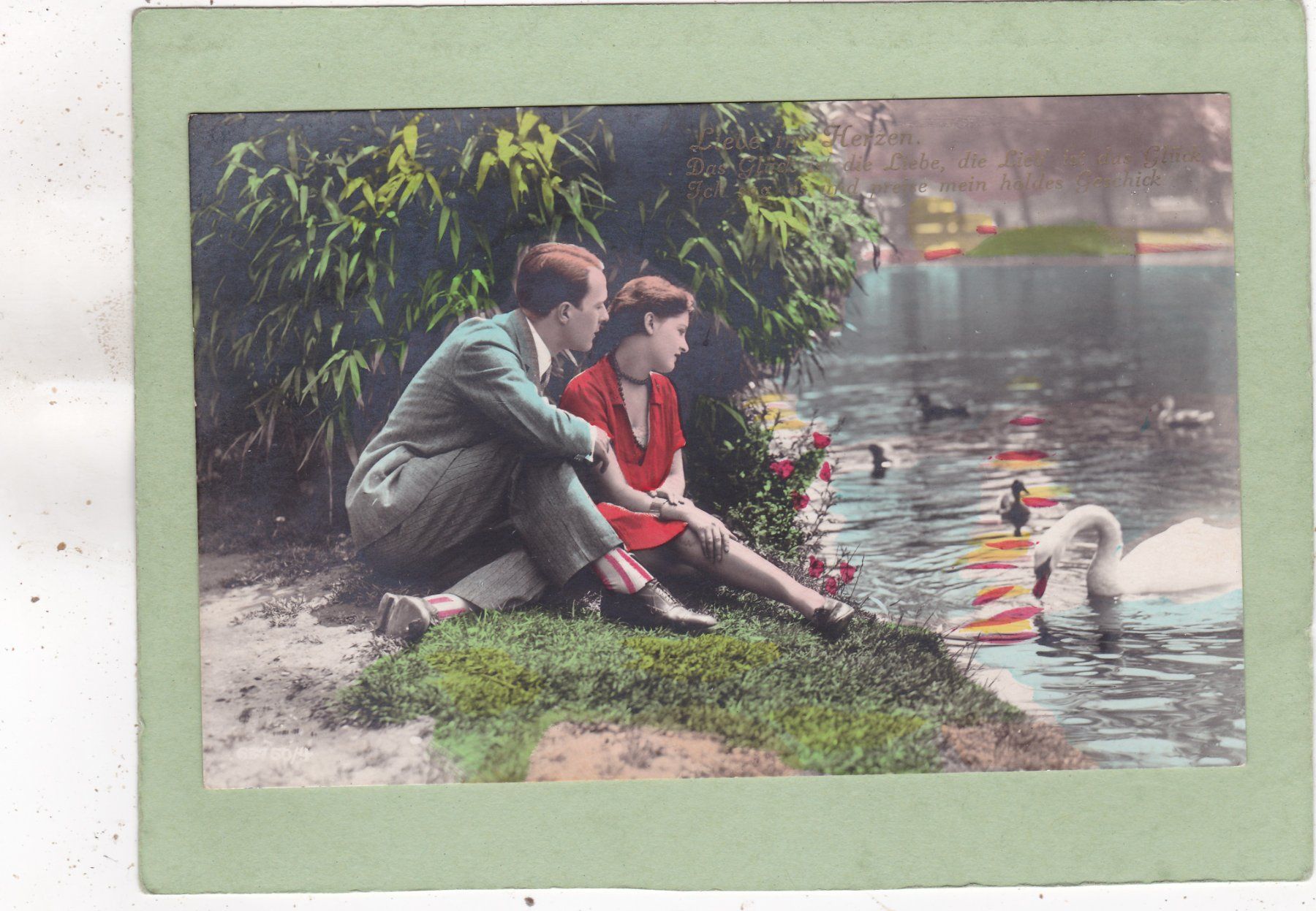 Cartoline postali: Kitsch Paar am See Schwan – Usato da Herisau venduto da Lisegrat2008