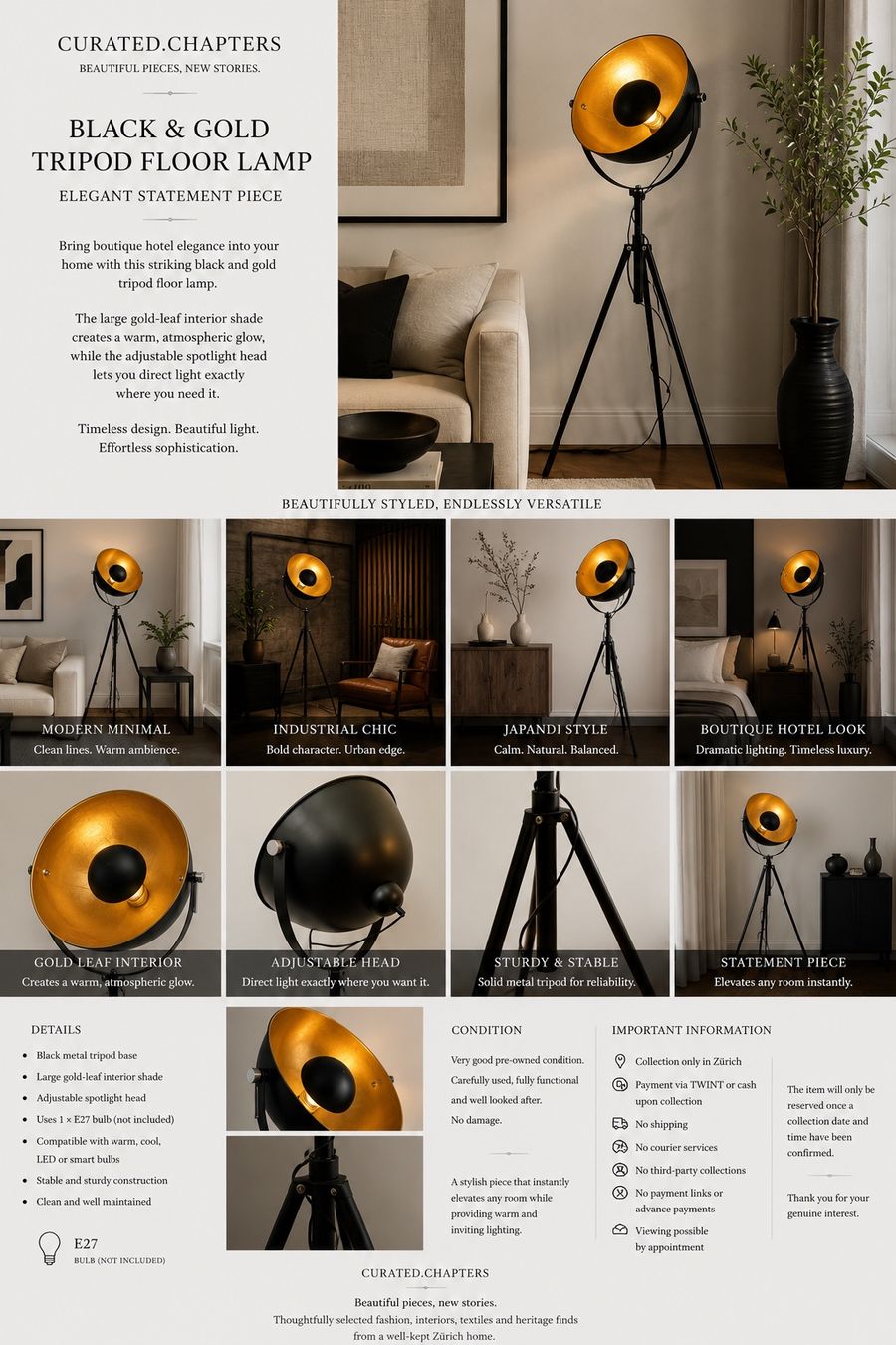 Lampes: Designer Tripod Floor Lamp Black & Gold | Industrial Luxe – D'occasion à Zürich par Curated.Chapters 1