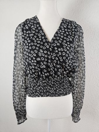 Blouse femme fleurs noir blanc col cache-coeur bon état