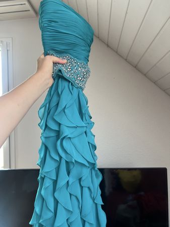 Abendkleid türkis Grösse S mit Rüschen und Steinen