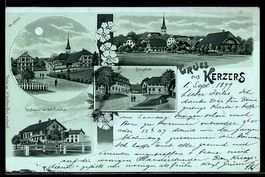 Mondschein-Lithographie Kerzers, Restaurant mit Bahnhof, Bur
