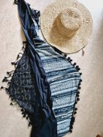 TUCH SCHAL SOMMERTUCH MIT BOMMEL ANTHRAZIT GRAU HÄKELEI TOP