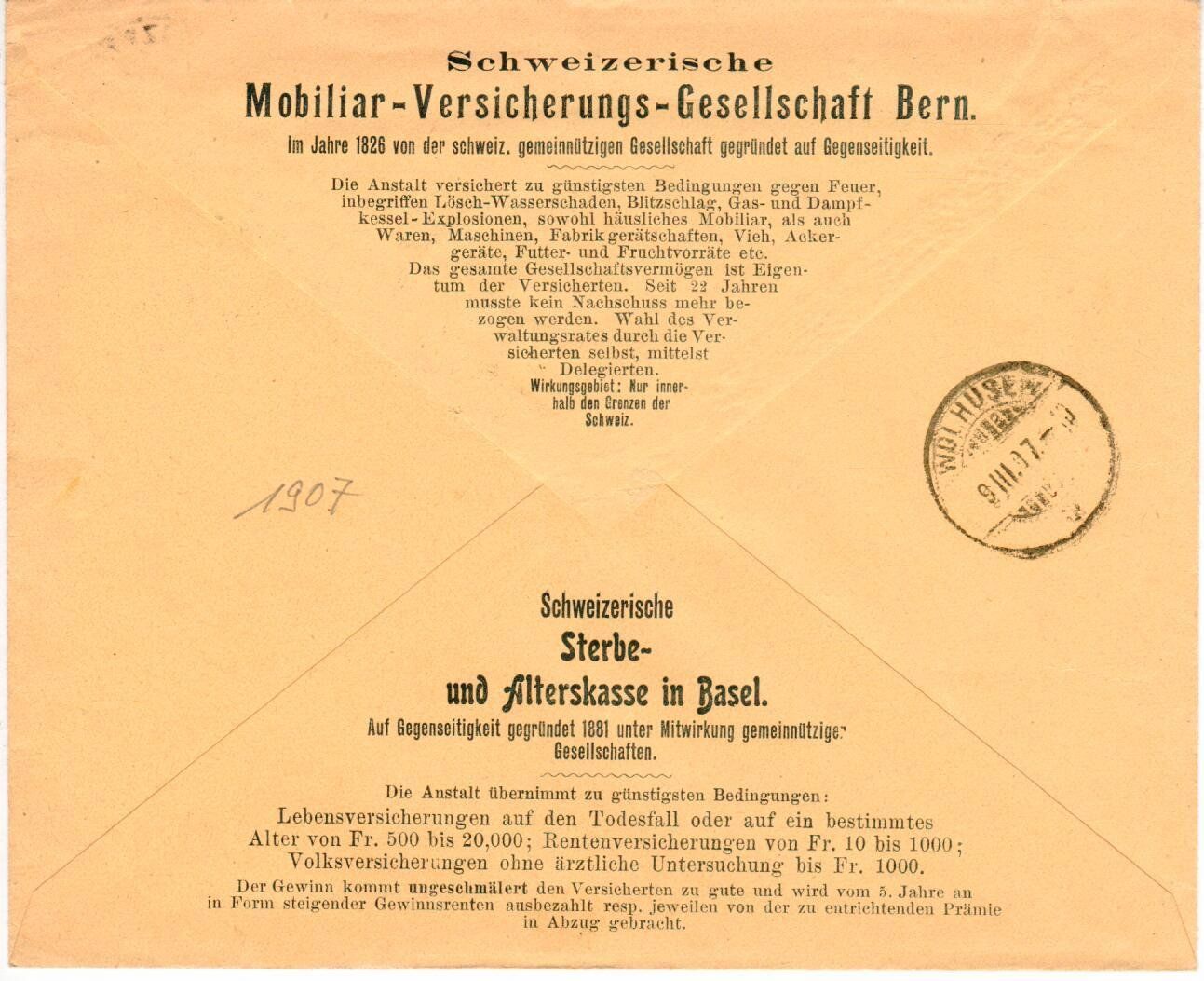 Alle Briefmarken: Brief, Mobiliar Versicherung Bern 1907 – Gebraucht aus Wolhusen von Curver9 1