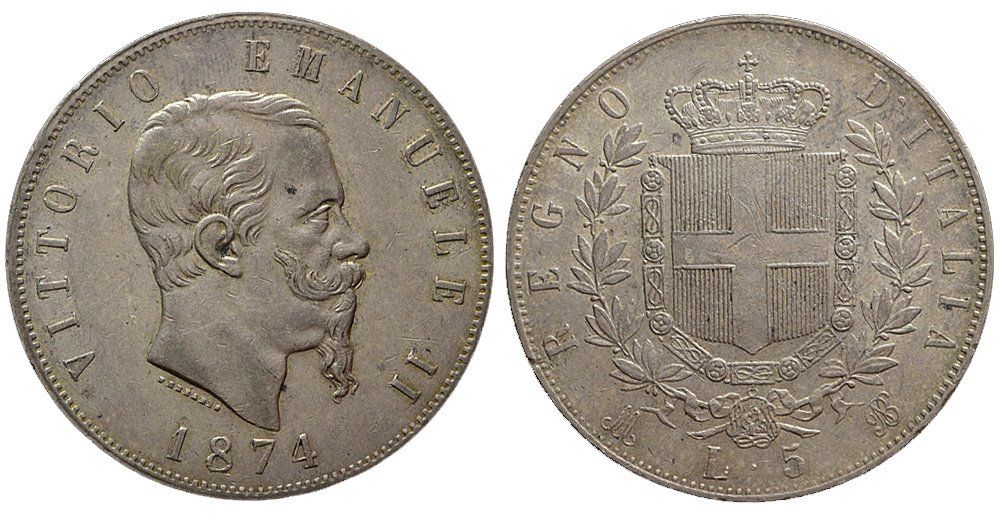 Tutti le monete: Italien, 5 Lire 1874 Milano – Usato da Chiasso venduto da Novamarketing
