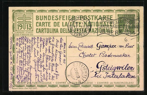 Cartoline postali: Schweizer Bundesfeier 1913, Damen und He – Usato da Berlin venduto da bartko-reher 1