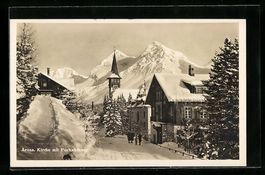 Arosa, Kirche mit Furkahörner im Winter