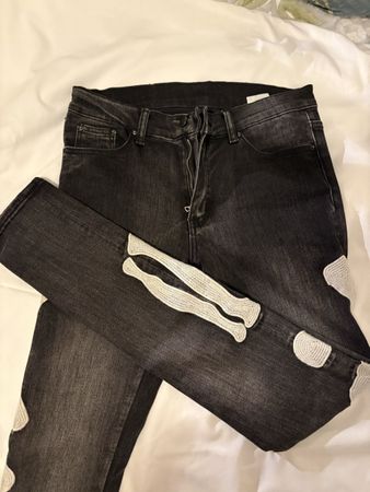 pantaloni uomo taglia 31 grigio scuro/nero con ricami ossa