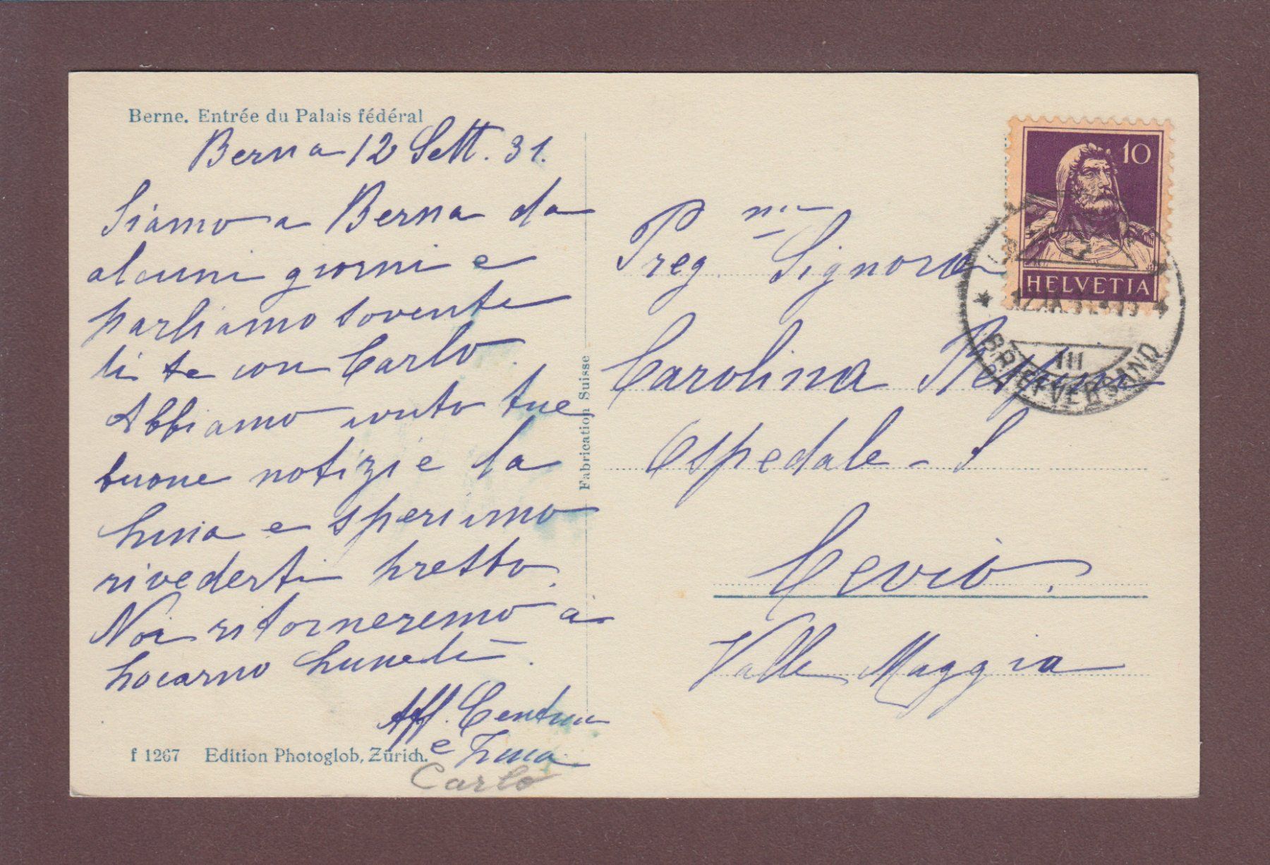 Cartoline postali: BERN - Bundeshaus - Eingang - 1931 – Usato da Pully venduto da nicecards 1