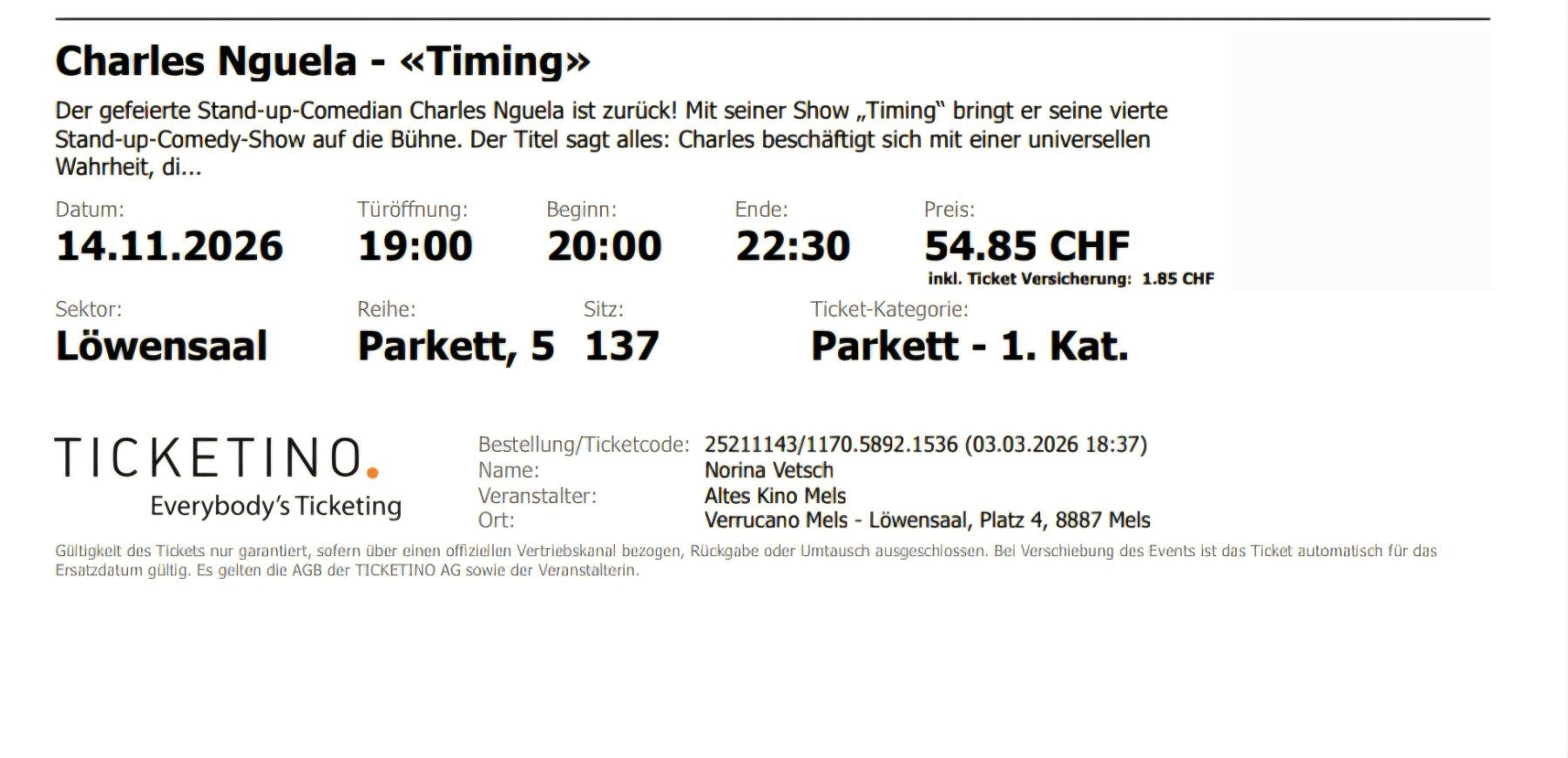 Tickets: Charles Nguela – Neu und originalverpackt aus Jenins von Nlc5