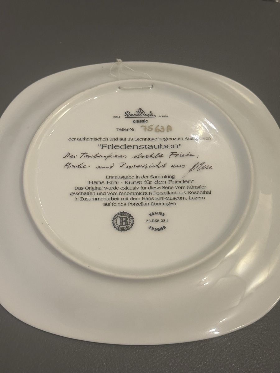 Rosenthal Teller: Rosenthal Wandteller "Friedenstauben" Hans Erni, Top! – Gebraucht aus Deitingen von Himhip 1