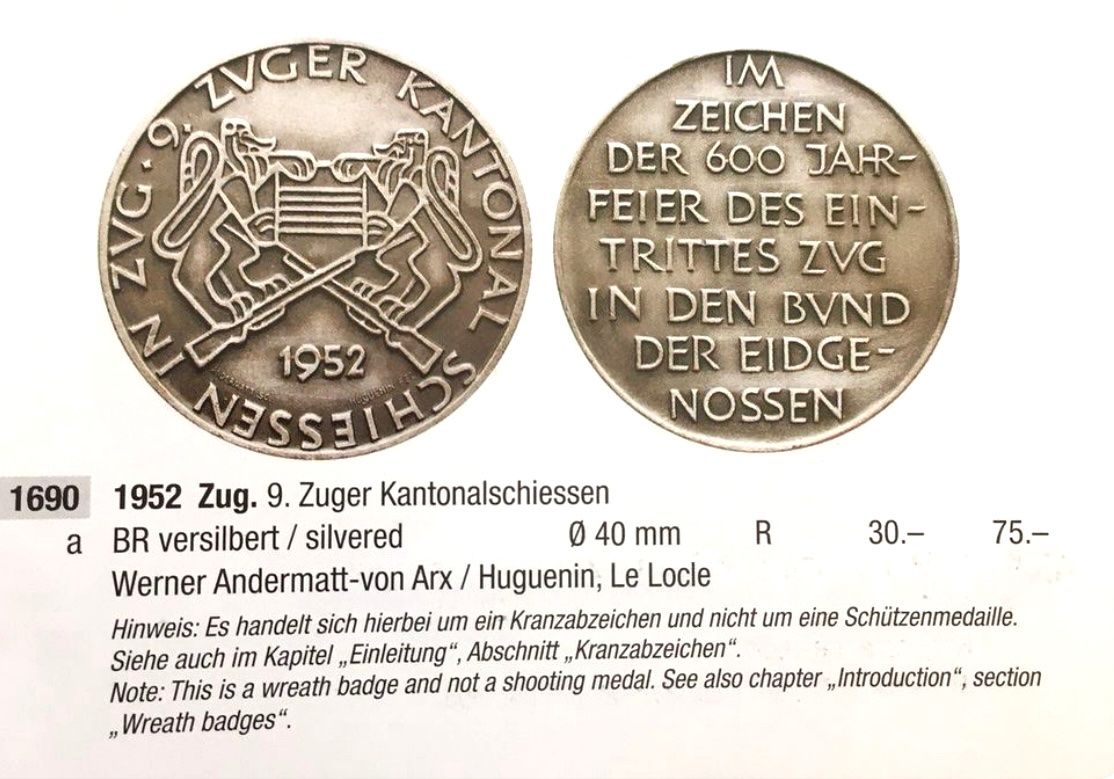 Medaglie: Médaille tir cantonal Zug 1952 – Usato da Renan BE venduto da johncactus 2