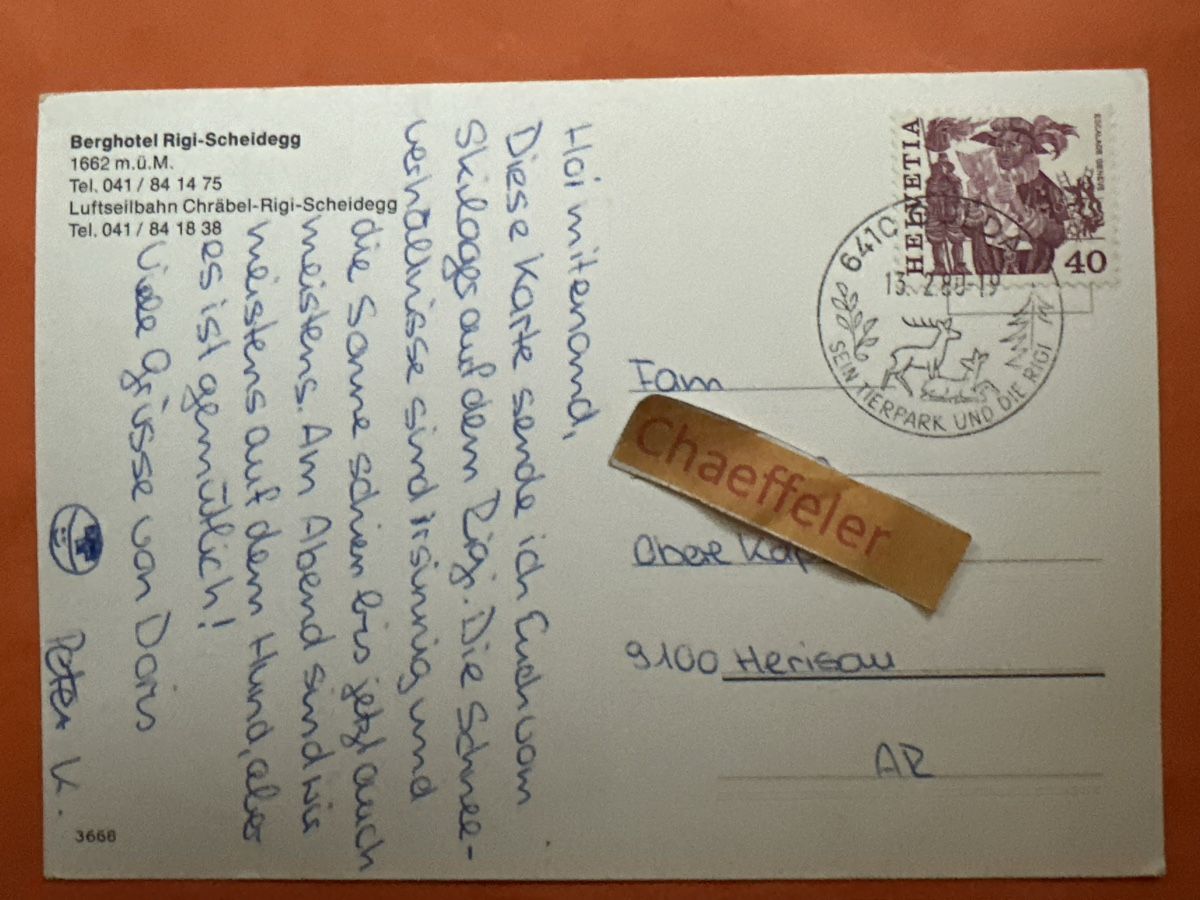 Cartoline postali:  Erghotel Rigi-Scheidegg, Luftseilbahn Chräbel-Rigi-Scheideg – Usato da Zürich venduto da Chaeffeler 1