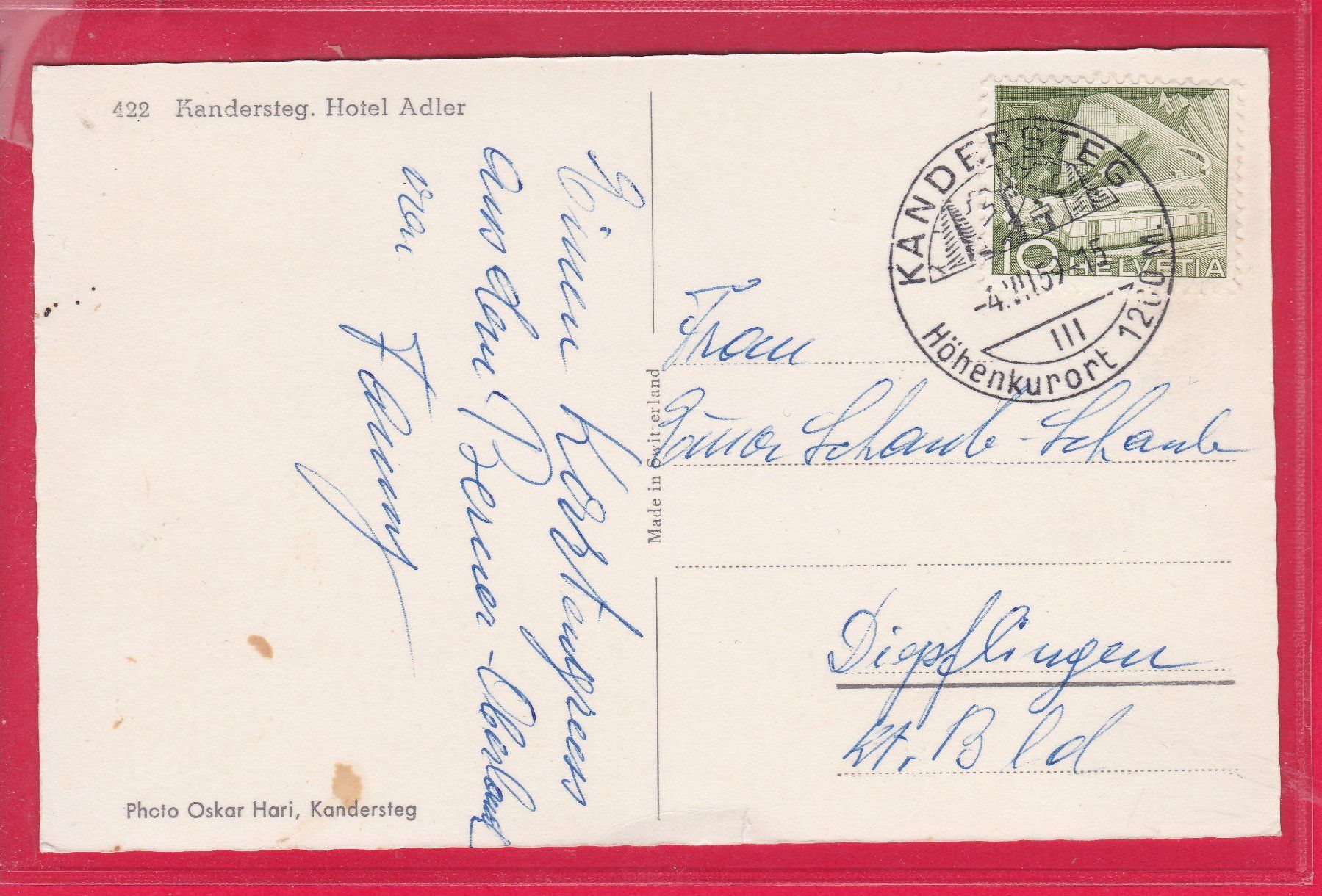Cartoline postali: KANDERSTEG, HOTEL ADLER, 4.7.1959 – Usato da Oberrieden venduto da Gebirgsstelze 1