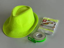Hut Spitzenhandschuhe Gürtel neongrün Fasnacht Mottopartys