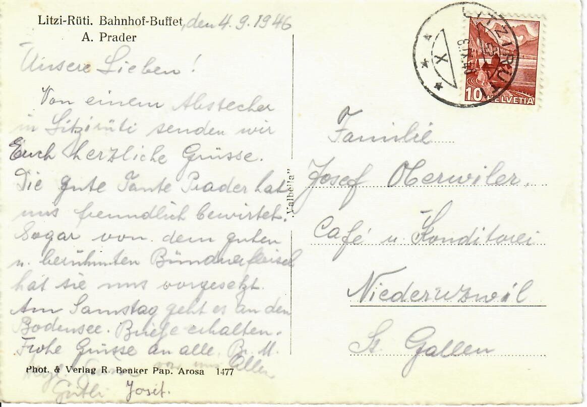 Cartoline postali: Litzi - Rüti Bahnhof Buffet  1946 – Usato da Hochdorf venduto da Ziegel-16 1